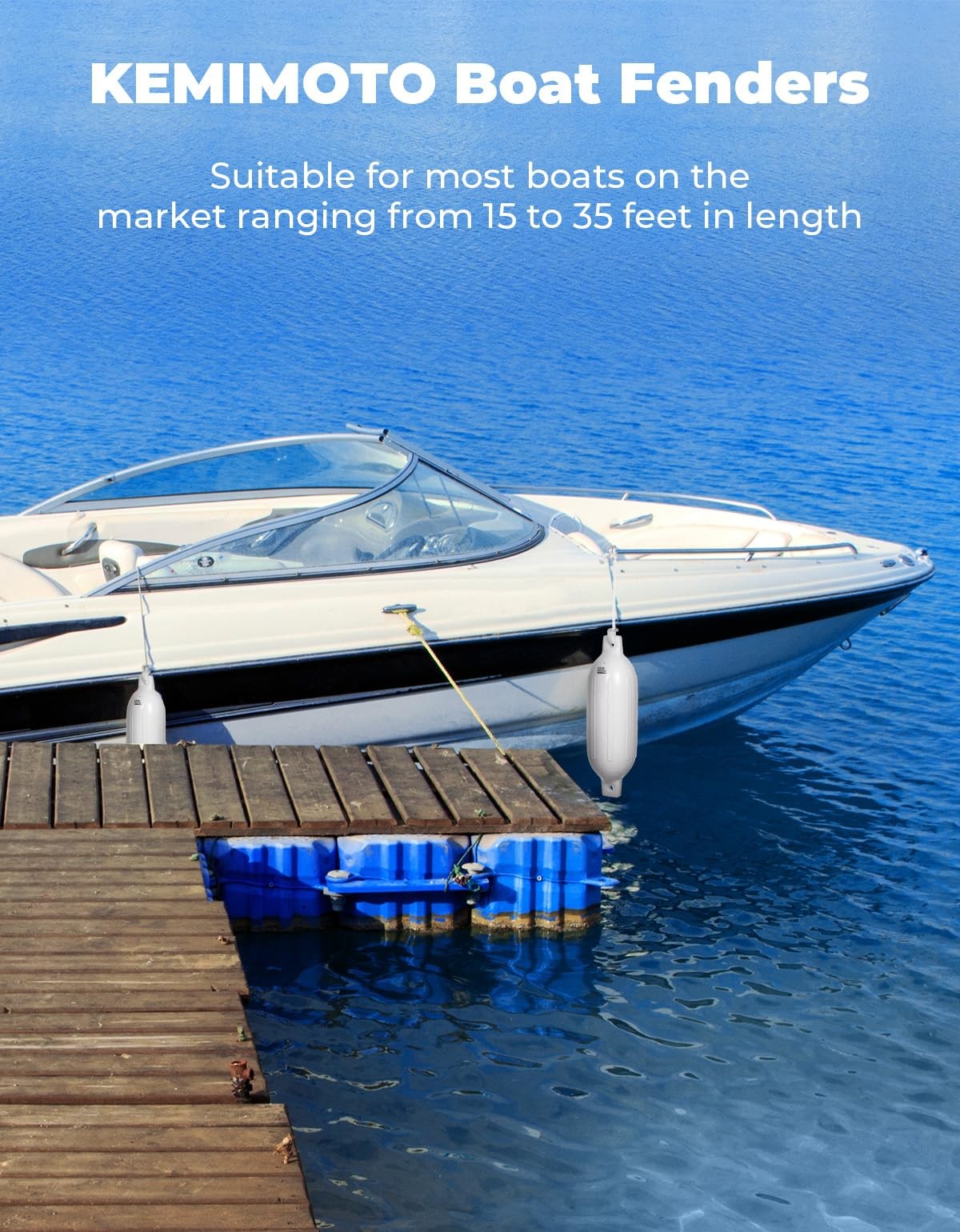 KEMIMOTO Boat Fenders Bumpers for 15-35ft Boat, 4 Pack 6.5*23″, White
