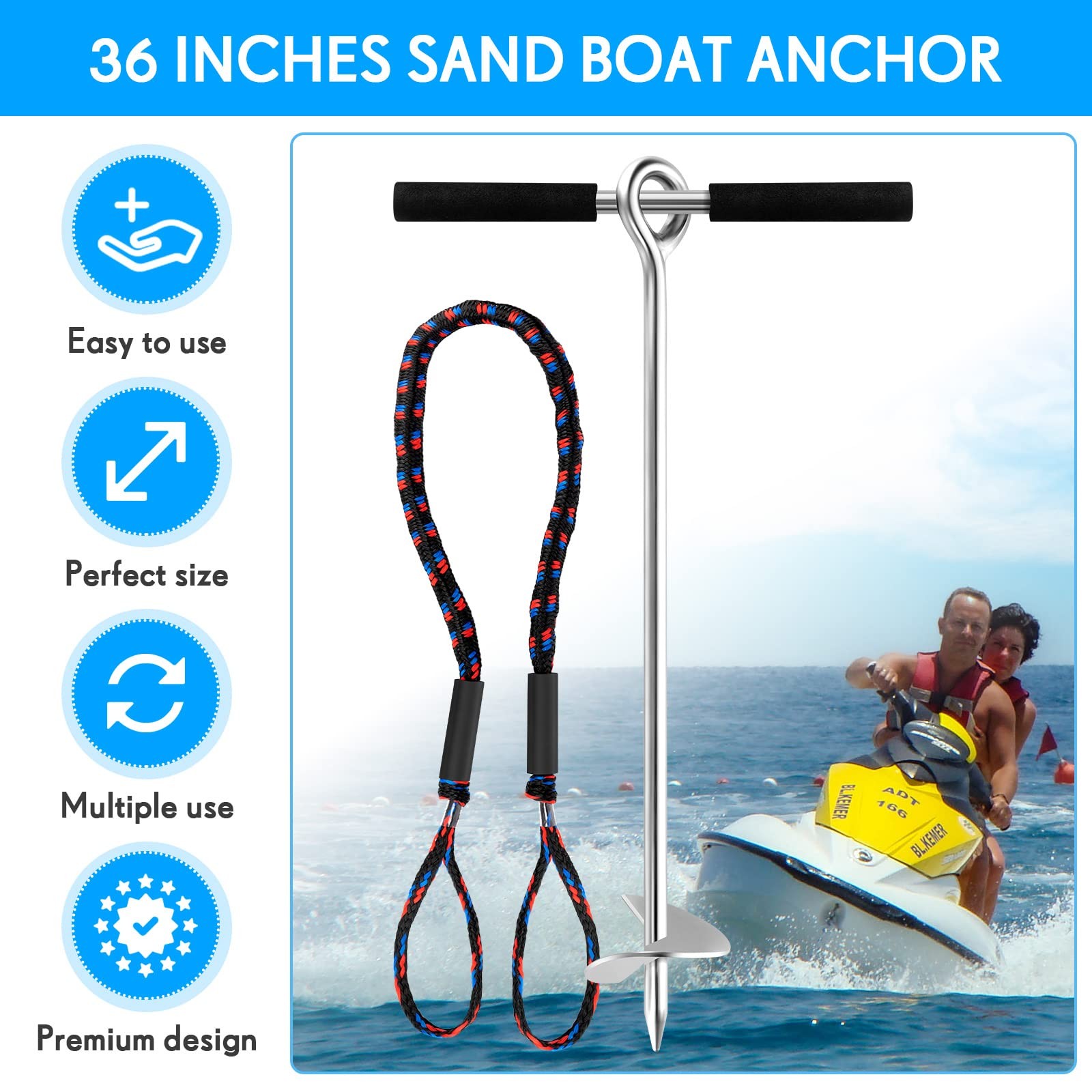 Sand Anchor 36 Inch Stainless Steel Screw – for Beach and Boat Stability