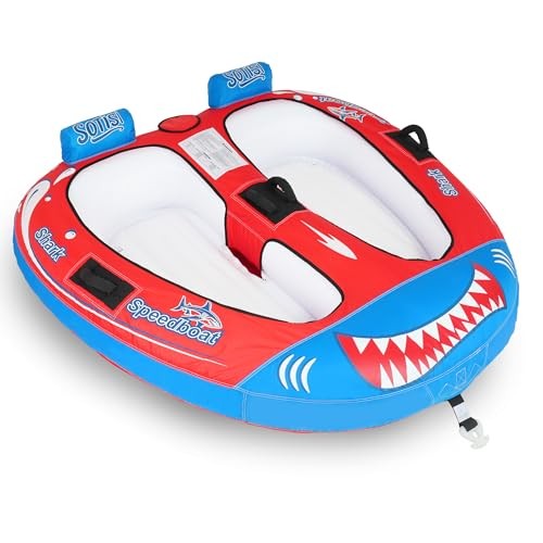 Towable Tube for Boating, 1–2 Person Inflatable Towable Tube with Red Shark