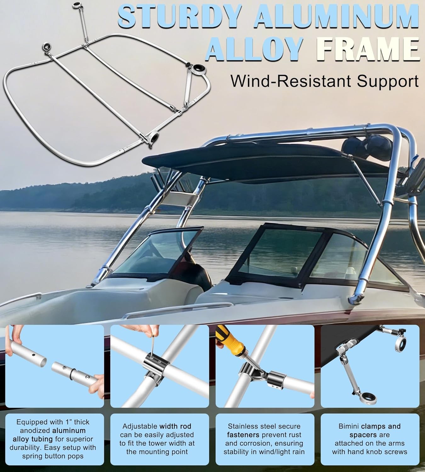 Universal Wakeboard Tower Boat Bimini Top -600D Bimini Top Canvas Frame & Clamps