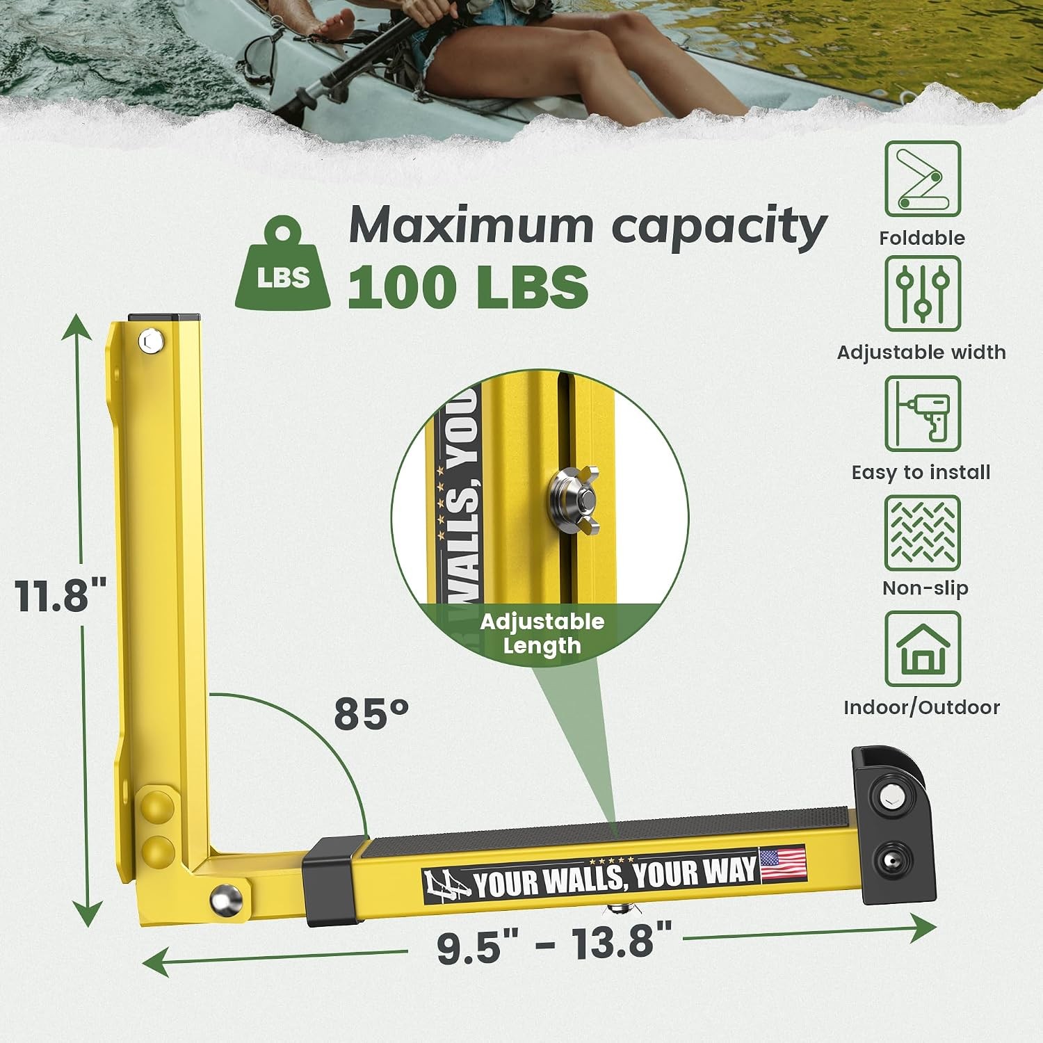 Foldable Kayak Wall Rack | Heavy-Duty 11.8-17″ Kayak Storage Rack Hanger & Me…