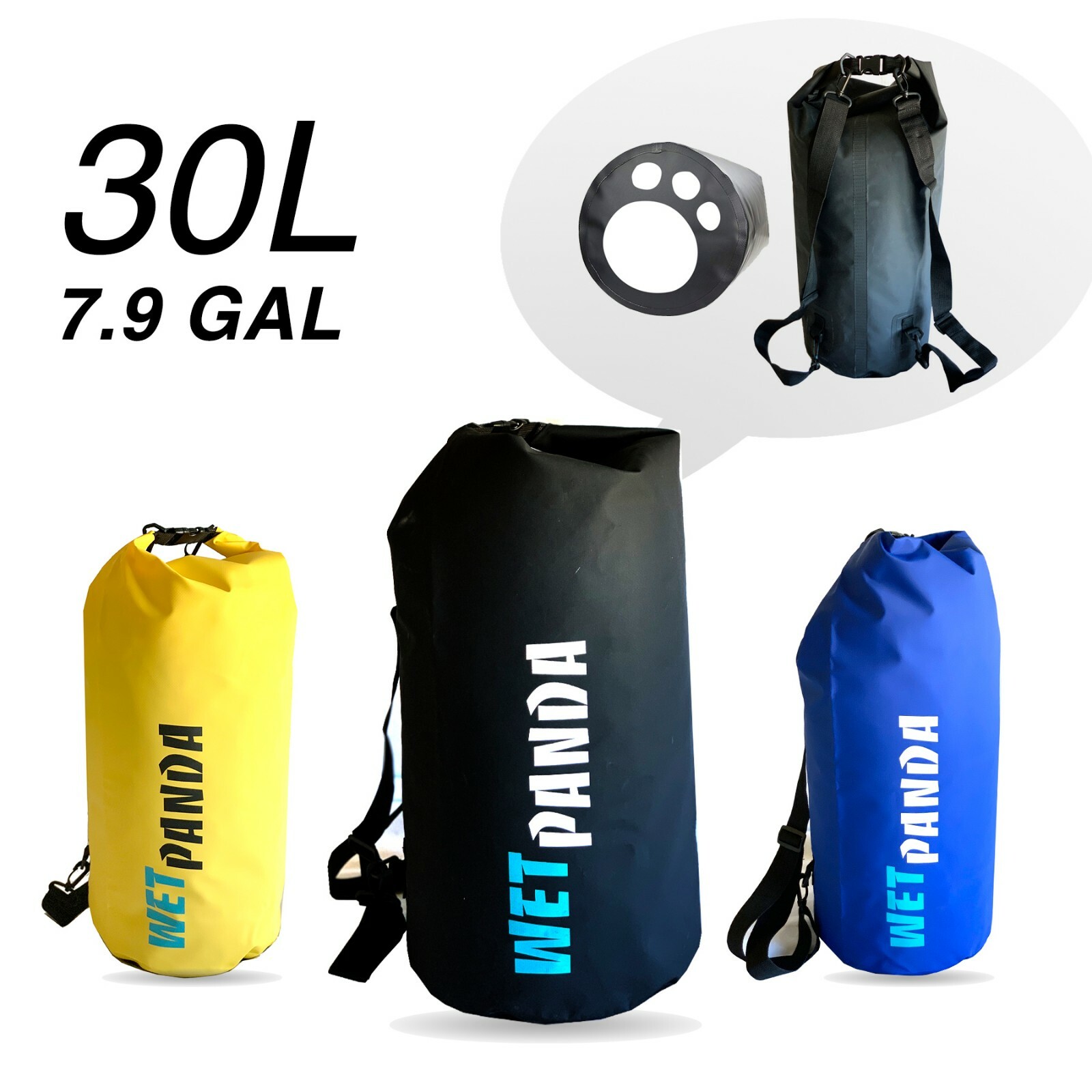 Wet Panda Waterproof Dry Bag Black 30L for Kayaking, Rafting, Fishing, Swimming