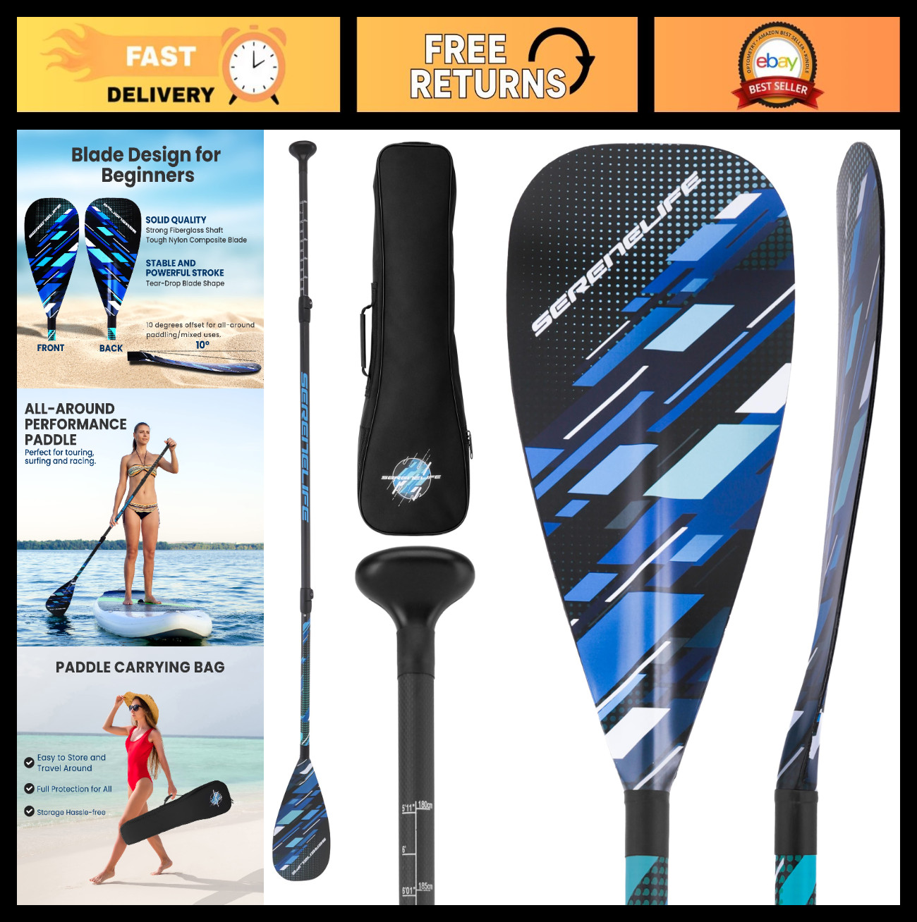 Adjustable Carbon Fiber Paddle Board 70-86″ | Lightweight 3-Piece SUP Paddle | C