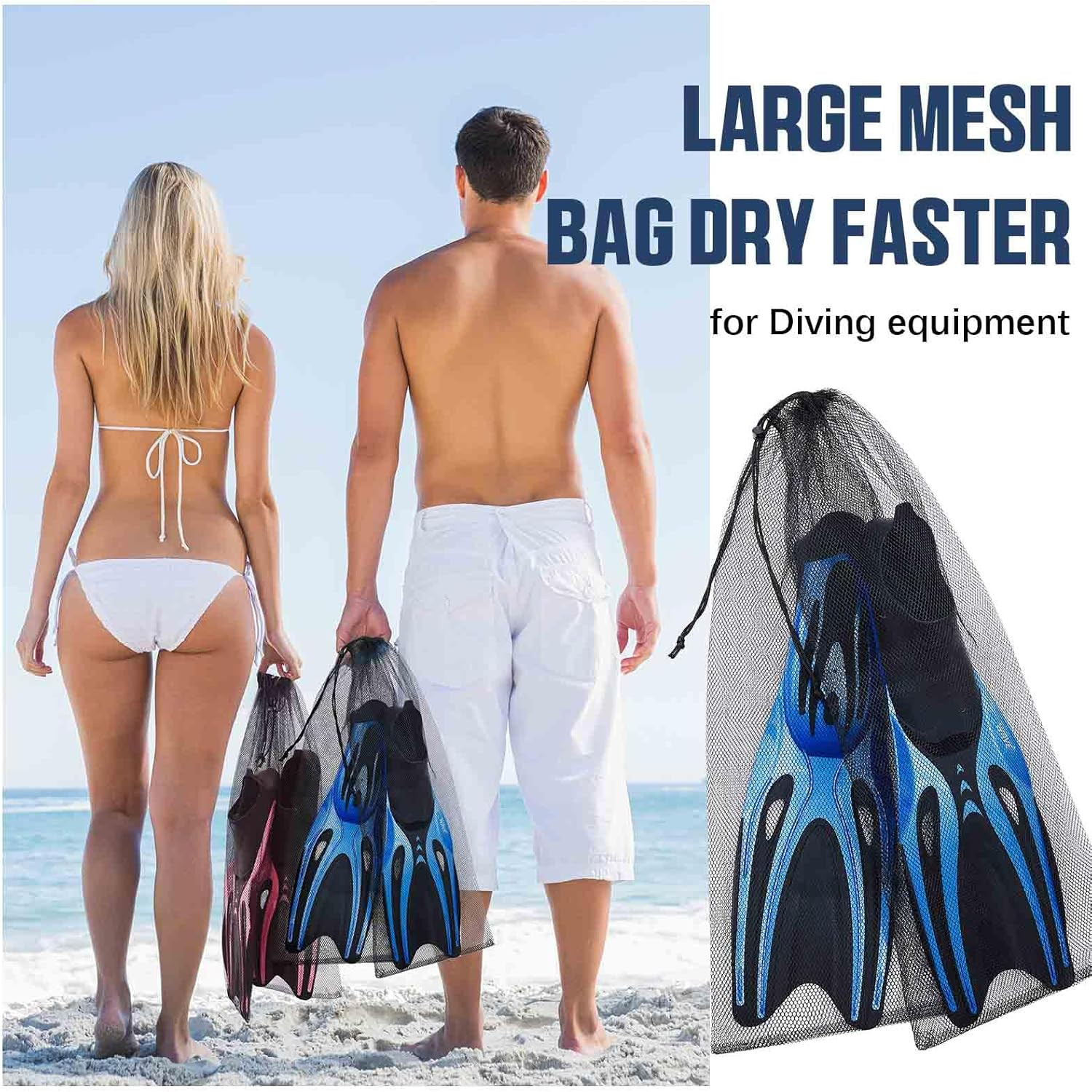 2 Pcs Diving Snorkeling Mesh Drawstring Bags 29.5×10.8 Inches Black Quick-Dry Ge
