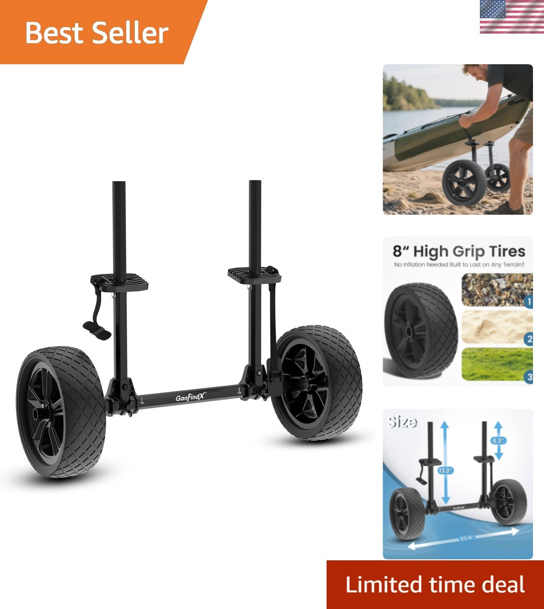 Heavy Duty Kayak Cart Adjustable Foldable Trolley with Solid Durable Wheels P…