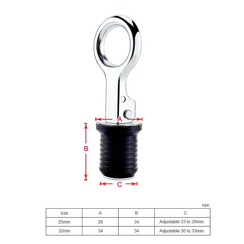 25MM Marine Drain Plug Adjustable Snap Tight Stainless Steel Rubber Drain Plug