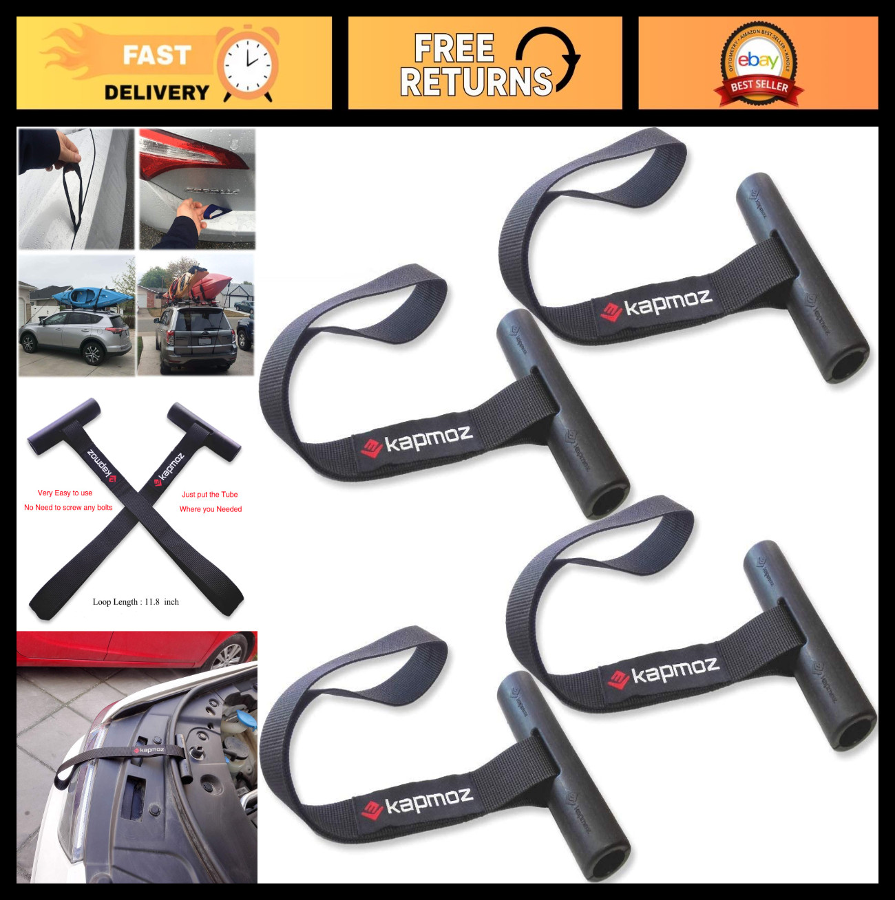 Kayak Tie Down Straps – Quick Hood Loops Trunk Anchor for Canoe Transport – 2 Pa