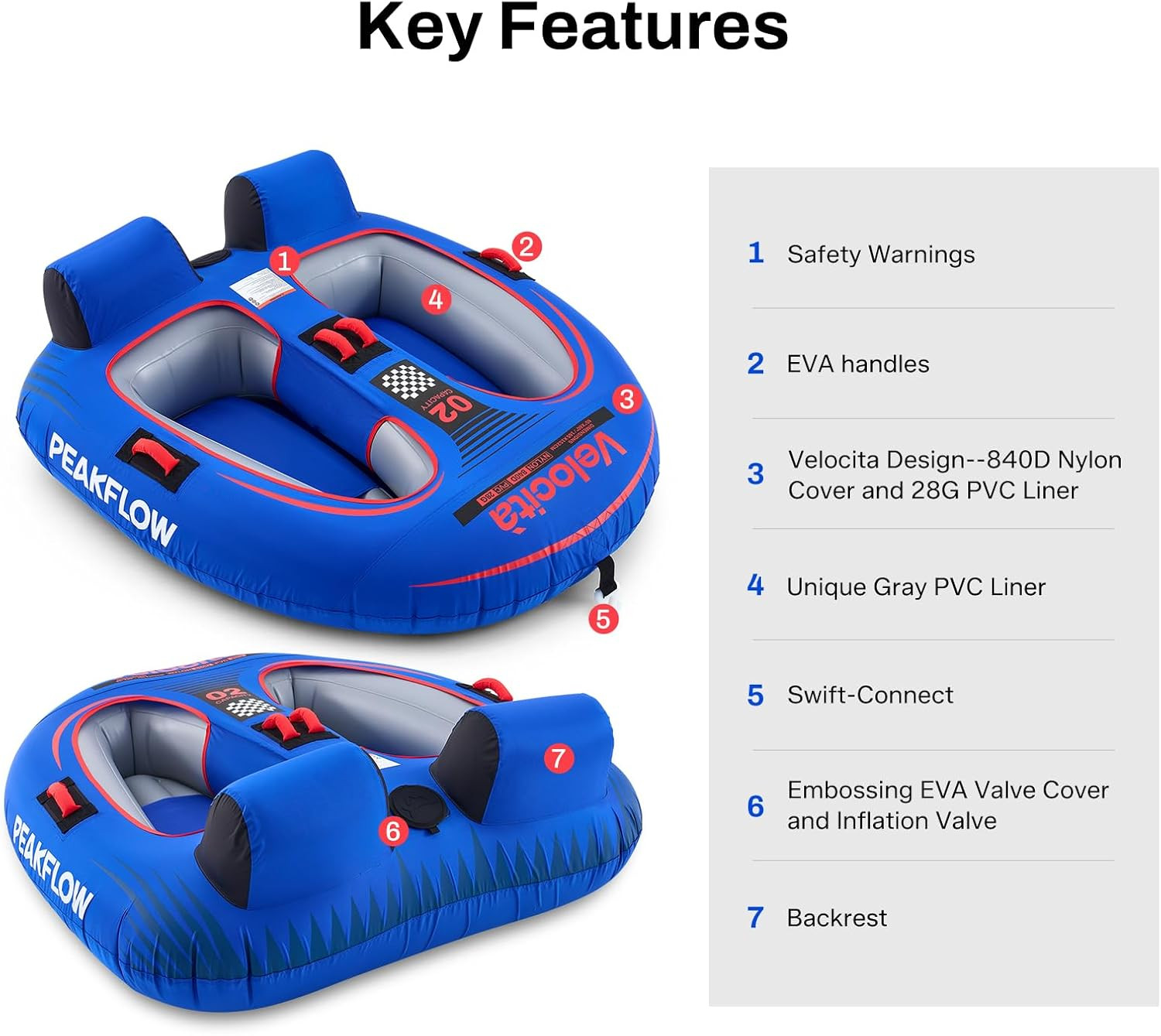 2 Person Towable Boat Tube 65×60 Inflatable Tube Lake