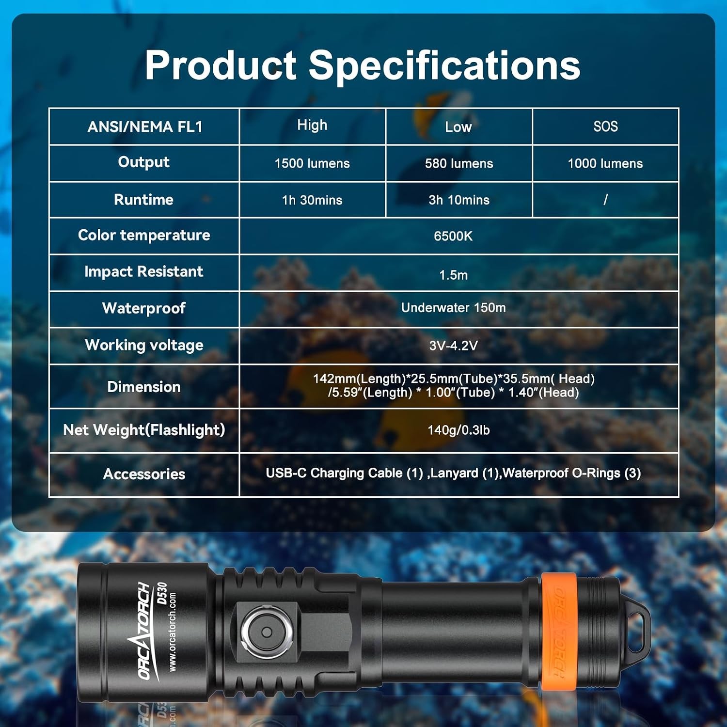 D530 Dive Light 1500 Lumens SOS Signal Scuba Diving Flashlight, 7° Super Focus B