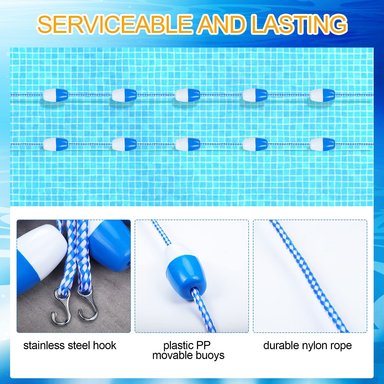 2 Pack Adjustable Swimming Pool Safety Divider Rope 16-20ft with Hooks & Buoys