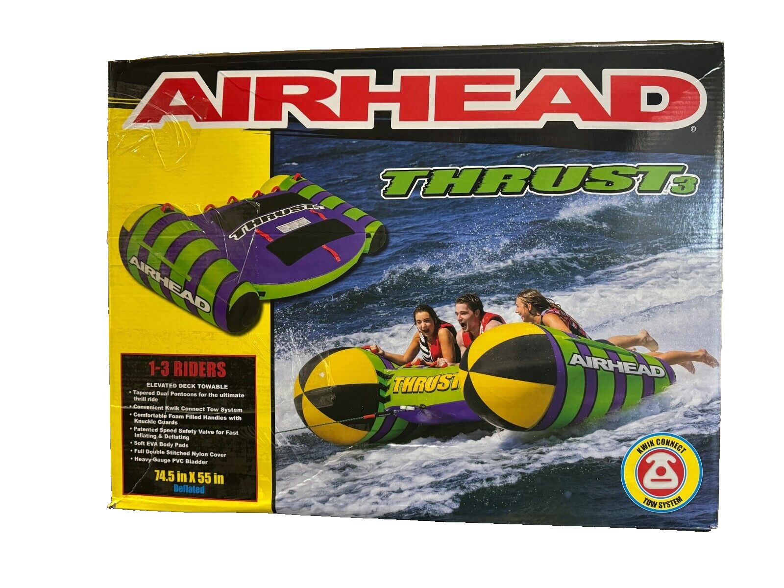 Airhead Thrust 3 Deck Tube, 3 Rider Towable Raft Water Float AHTU-03