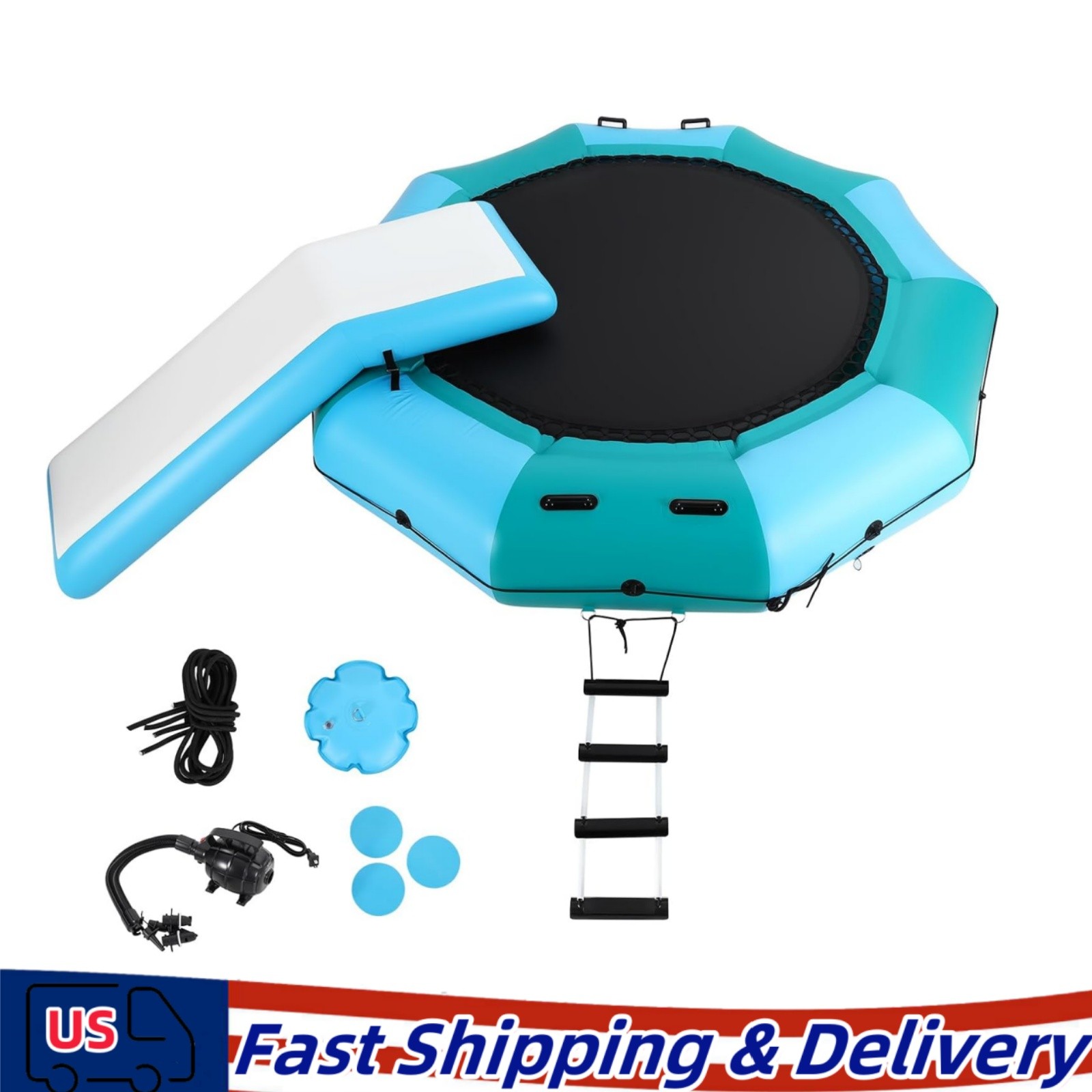 10FT Inflatable Water Trampoline Floating Water Bouncer w/Pump Ladder 408lbs