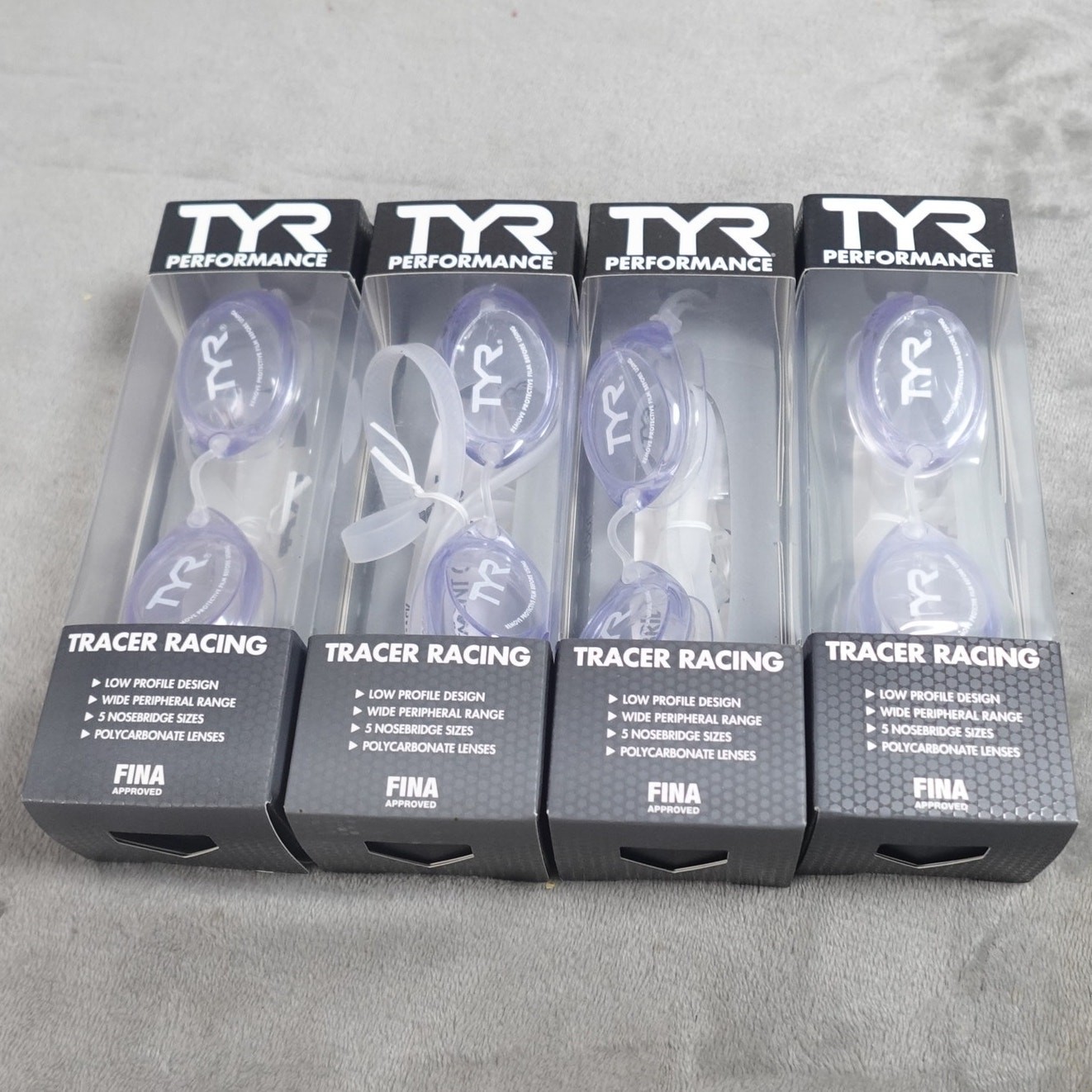 Lot of 4 TYR Tracer Racing Performance Swim Goggles Clear Adult FINA Approved