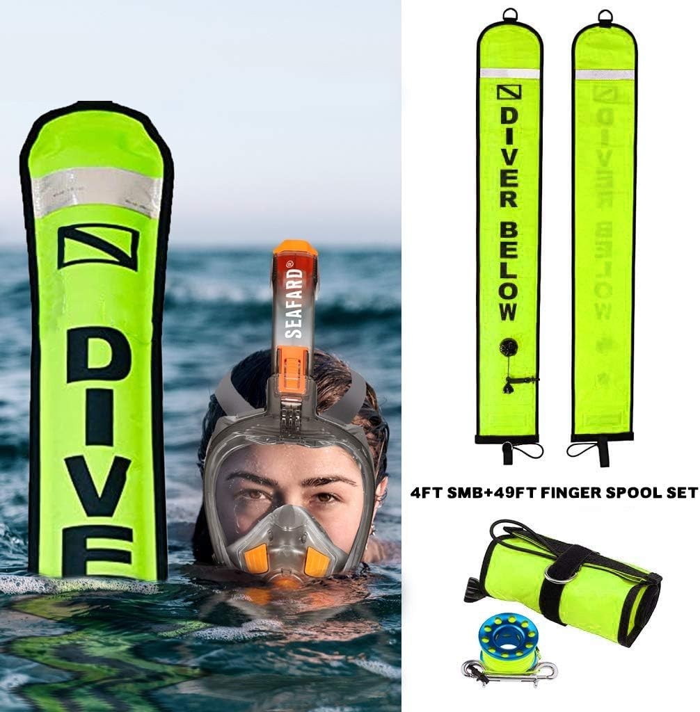 4ft Yellow Scuba Diving SMB, Open Bottom Surface Marker Buoy with Safety Sausage