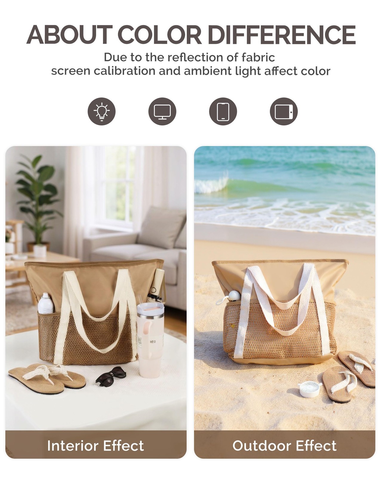 HOMESPON Mesh Beach Bag Sandproof Water Resistant Tote Zipper Medium, Khaki