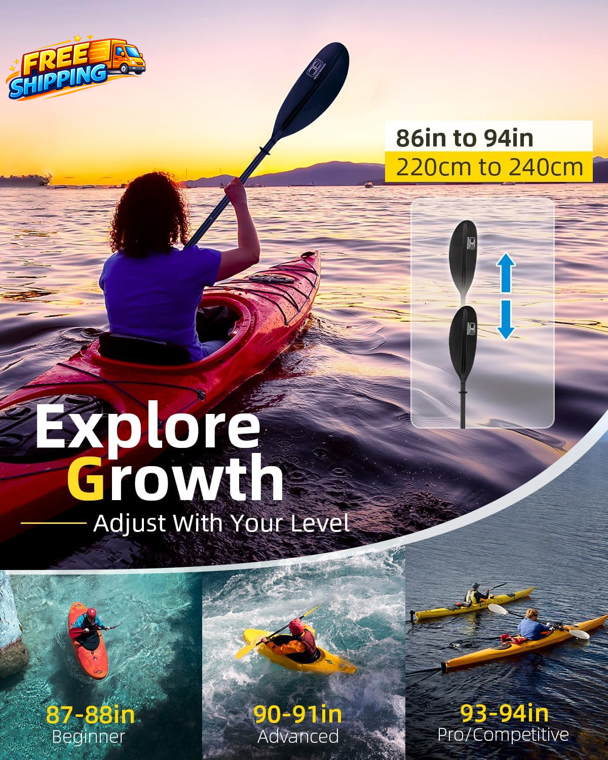 Adjustable Carbon Fiber Kayak Paddle 86In/220Cm to 94In/240Cm