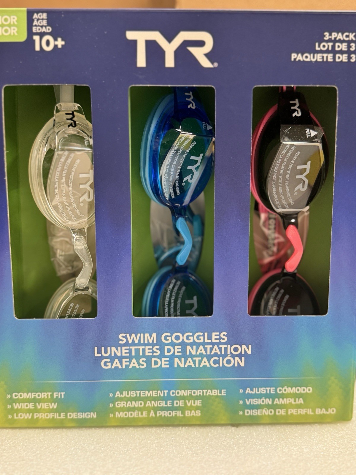 TYR Junior Swim Goggles 3 Pack Age 10+ UV Protection Blue Pink Clear Open Box
