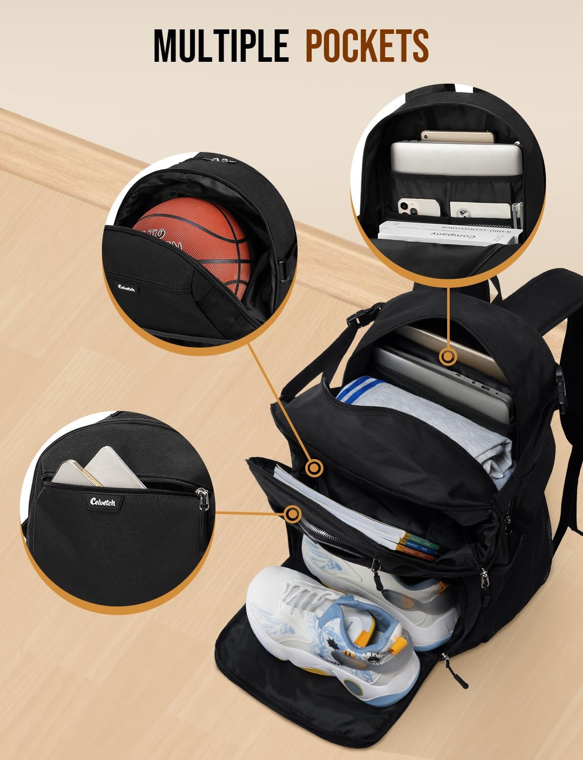Celvetch Basketball Backpack with Shoe Compartment Large One Size, Black