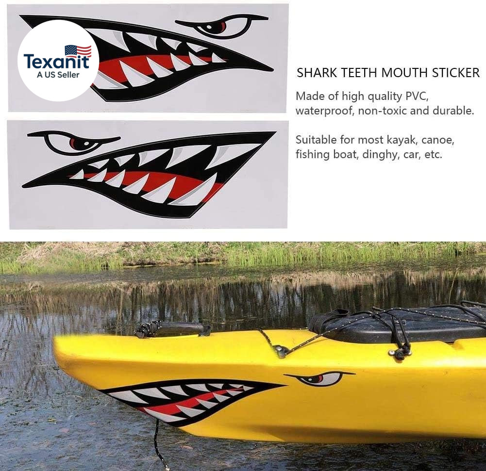 2Pcs Shark Teeth Mouth Kayak Stickers，Kayak Decals Waterproof DIY Funny Graphics