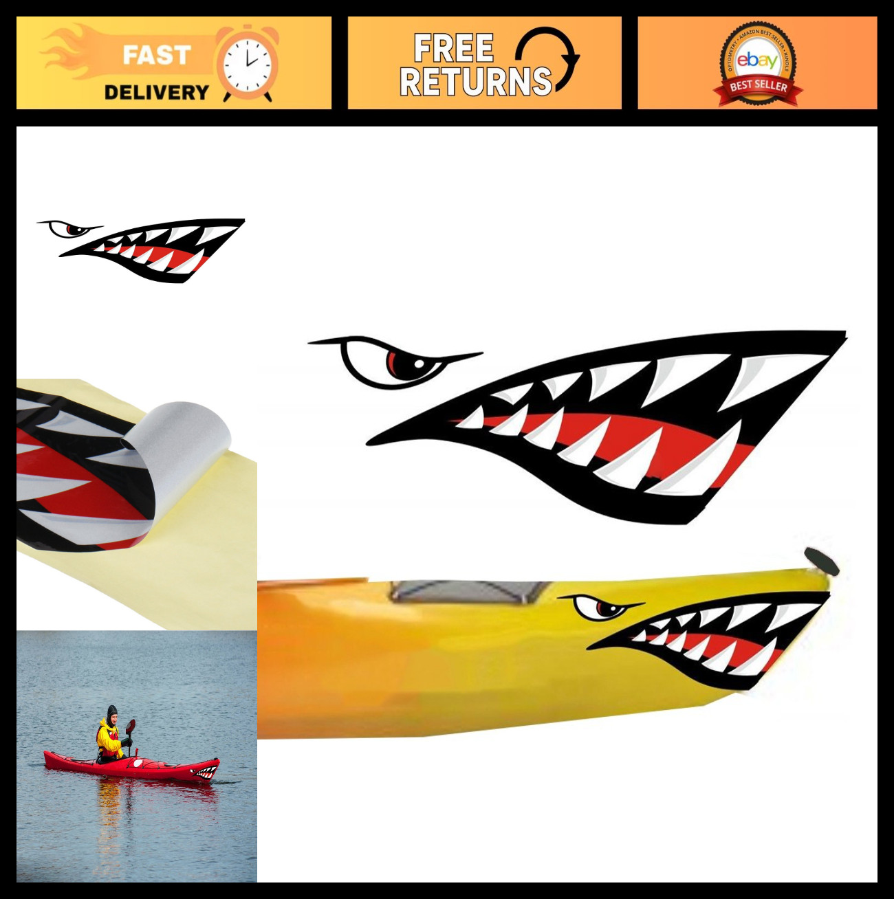 Waterproof Shark Teeth Decals for Kayaks & Boats – Fishing Accessories (Pack of