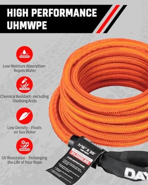 Recovery Tow Rope Kit with 2 Soft Shackles, 7/16 Inch x 30 ft 31,200 Lbs