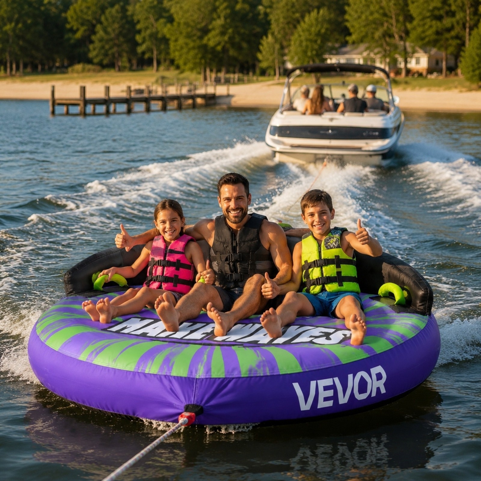 2 Person Towable Boat Tube Inflatable Water Sport Tube w/ Anti-Slip Pad Handles