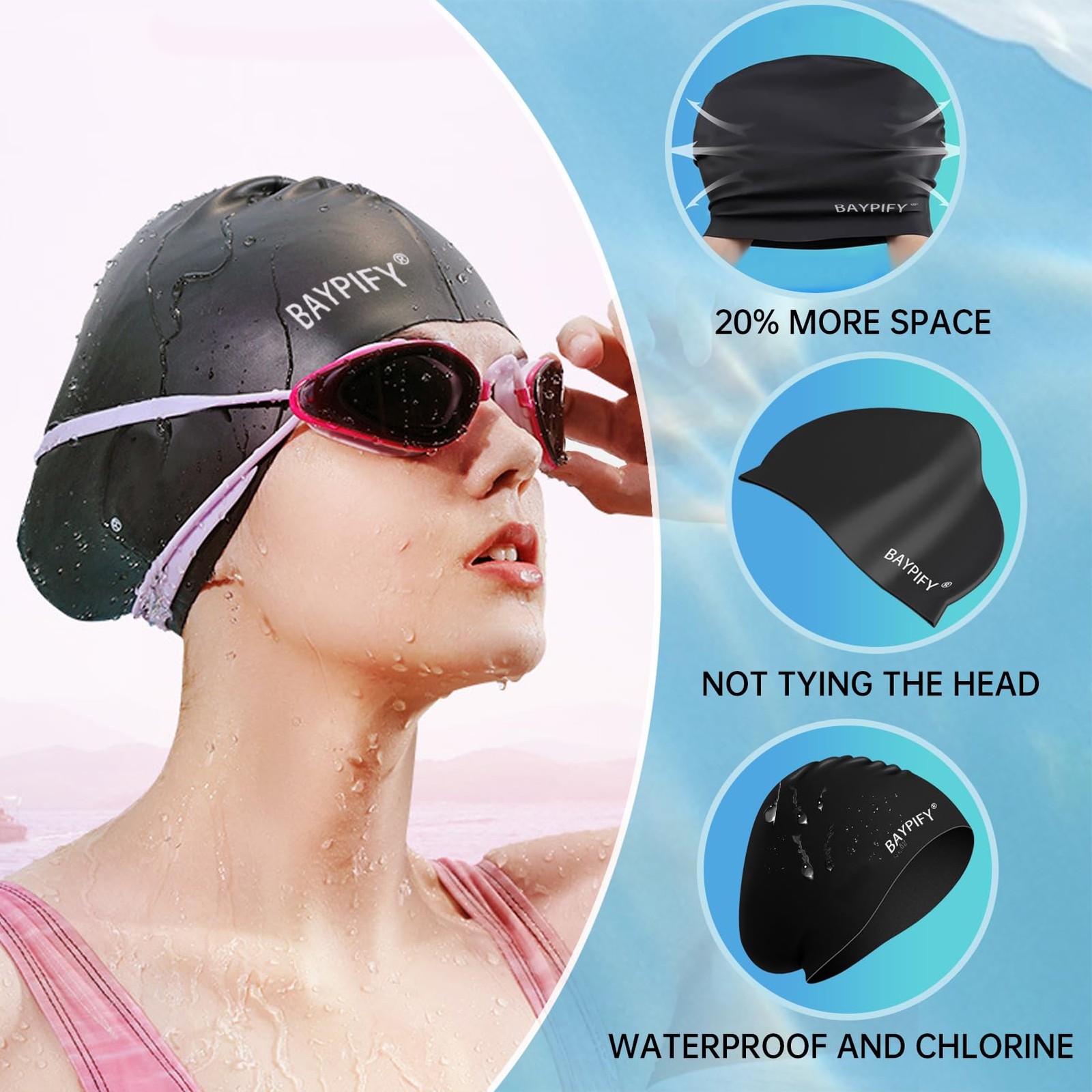 Baypify 2 Pack Swim Cap for Long Hair, Silicone Swimming Large, Purple black