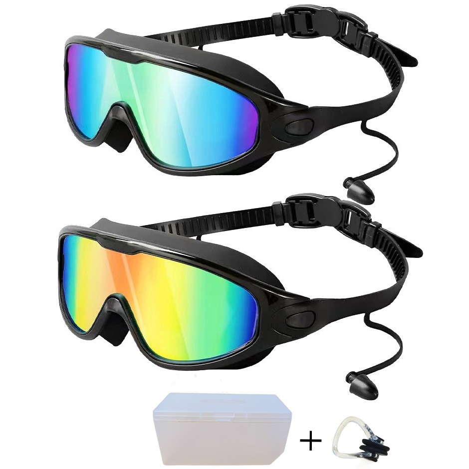 2 Pack-Adjustable-Wide-View Swim Goggles | Anti-Fog UV Lens |Earplugs & Nose Pad
