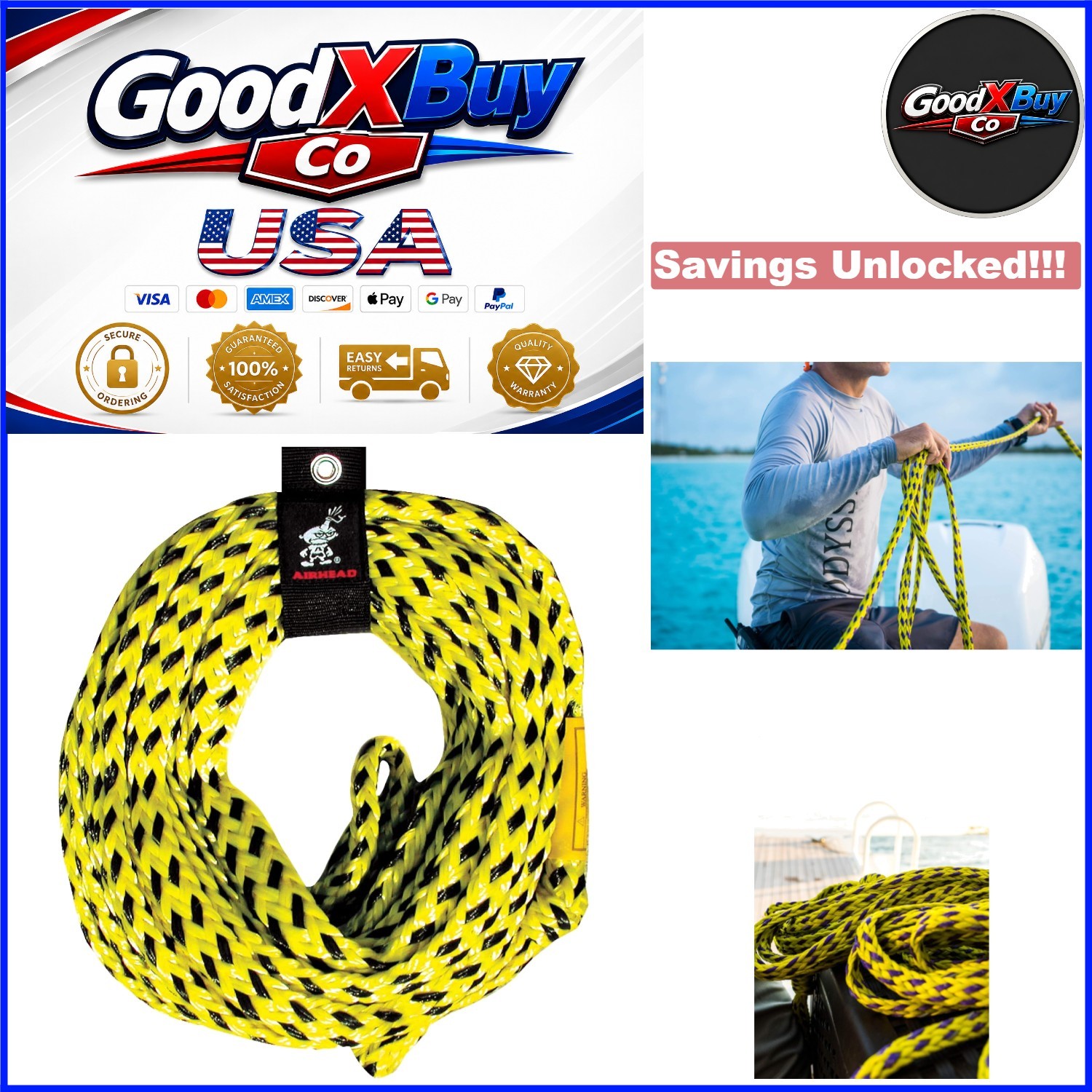 Heavy Duty 60Ft Tow Rope for Towable Tubes, Up to 6,000Lb Break Strength, UV …