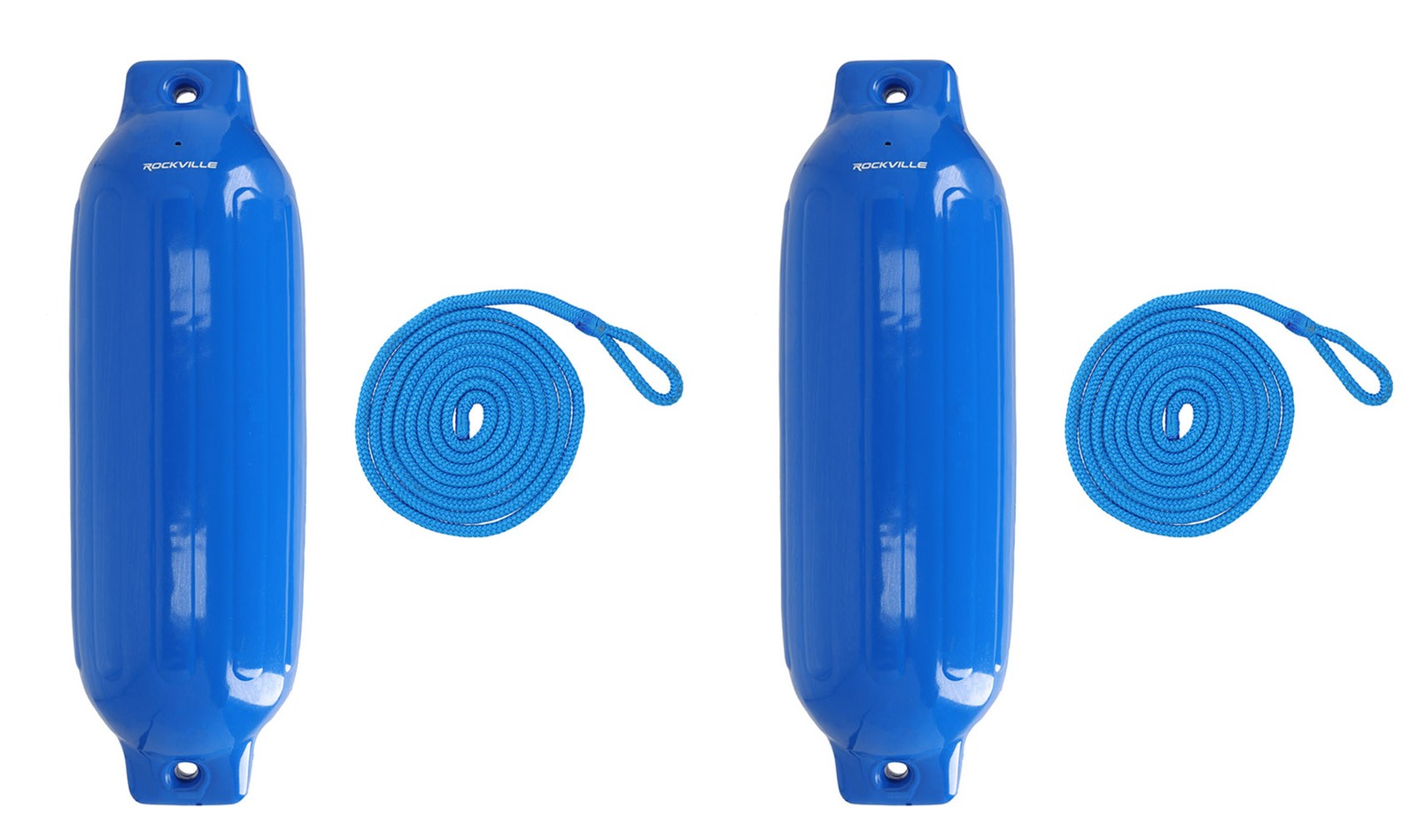 (2) Rockville FEN185-BLUE 8.5″ x 27″ Boat Fenders + 10 Foot Line Marine Bumpers