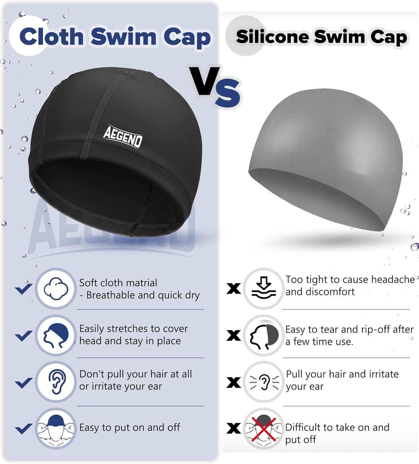 1 Pack Fabric Swim Cap Silicone Waterproof Layer Breathable Cloth Large Black-L