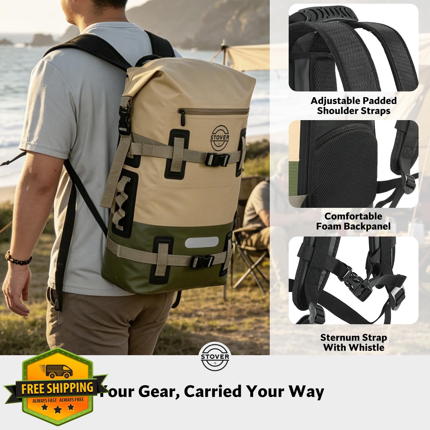 STOVER 40L Dry Backpack Tan/Army Green/Brown