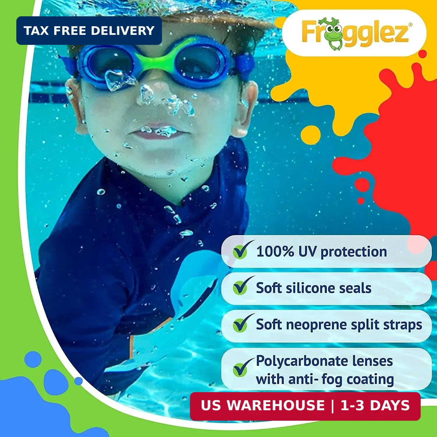 Frogglez Anti-Fog Swimming Goggles for Kids under 10 (Ages 3-10) Recommended by