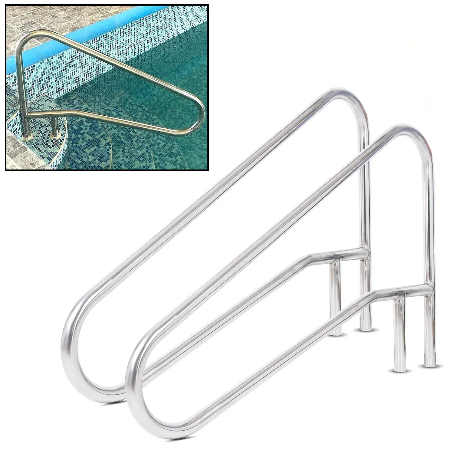 Pair(2PC) Swimming Pool Hand Rail Ladder Handrail Stair Rail 304 Stainless Steel