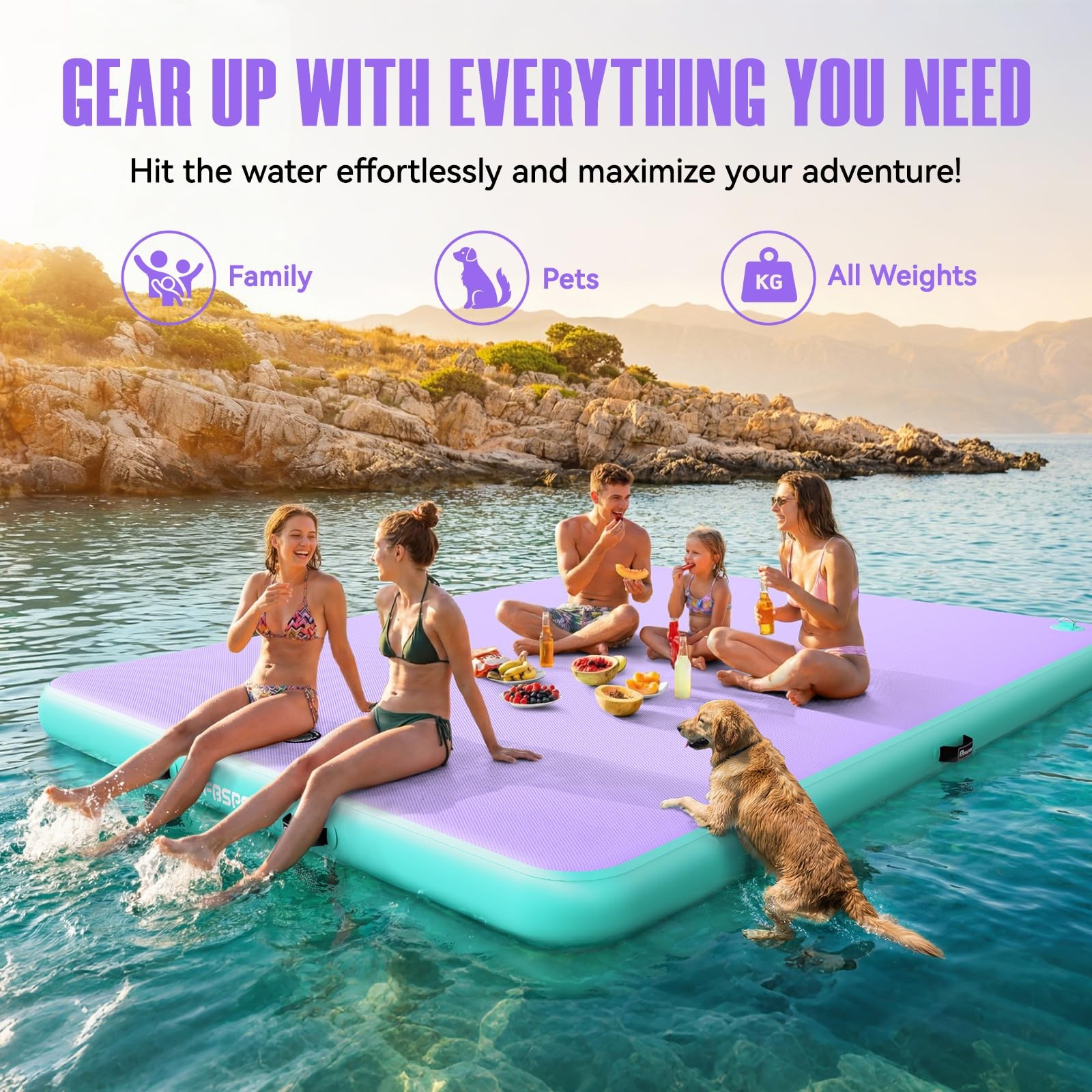 FBSPORT Inflatable Floating Dock Lake Floats for 6 x 5 ft, Green/Purple