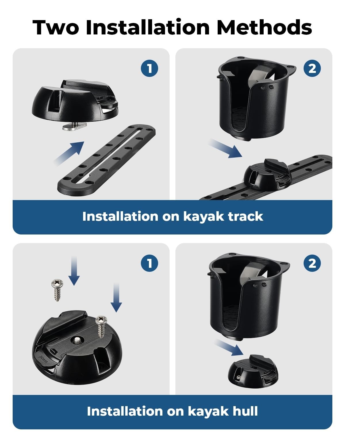 Universal Kayak Cup Holder with Track Mount, Anti-Slip Clips for 12-32 oz Bottle
