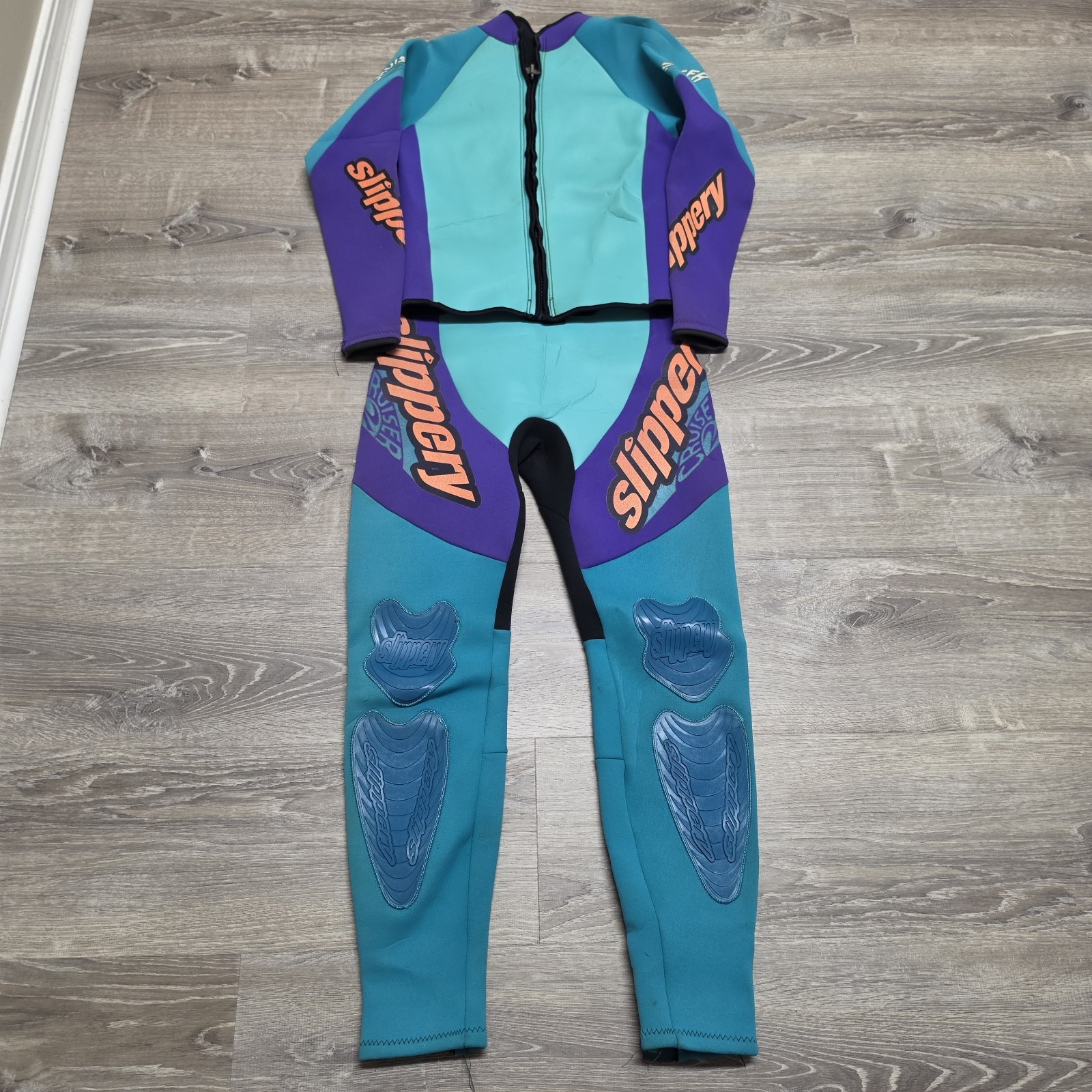 Vintage Slippery USA 2 Piece Wetsuit Set Jacket Farmer John Teal Purple Tag XL
