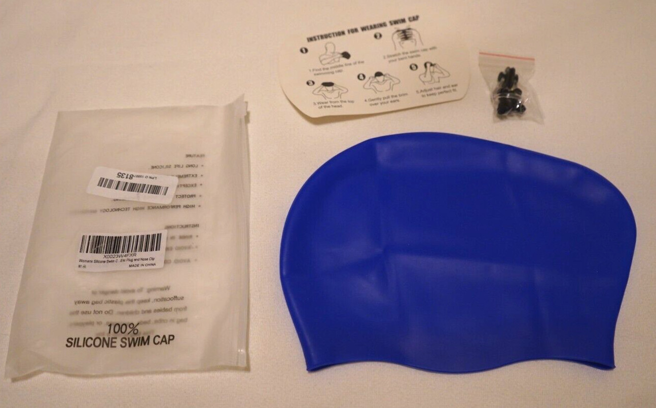 100% Silicone DSANE Swim Cap Royal Blue Nose Ear Plugs New NWOT