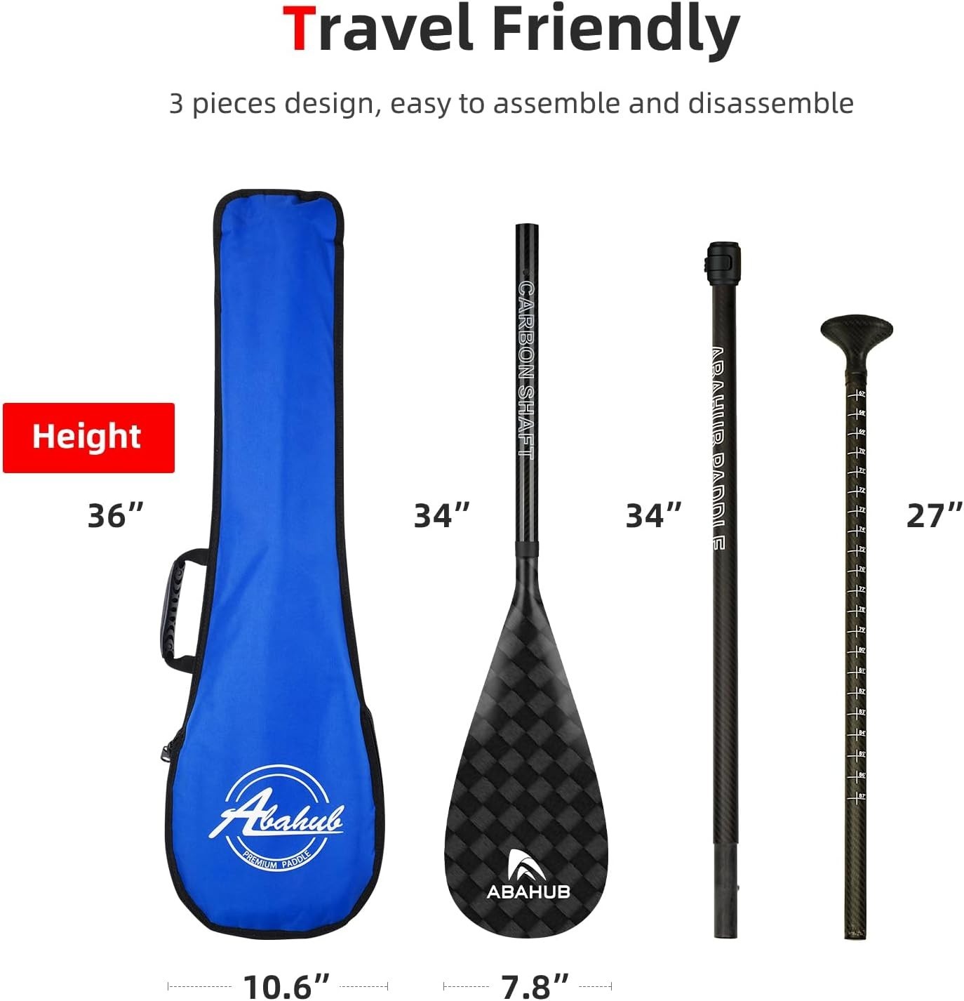 Carbon Fiber SUP Paddles, 1 x 3 Section Adjustable 67″ – 86″ Carbon Fiber Shaft,