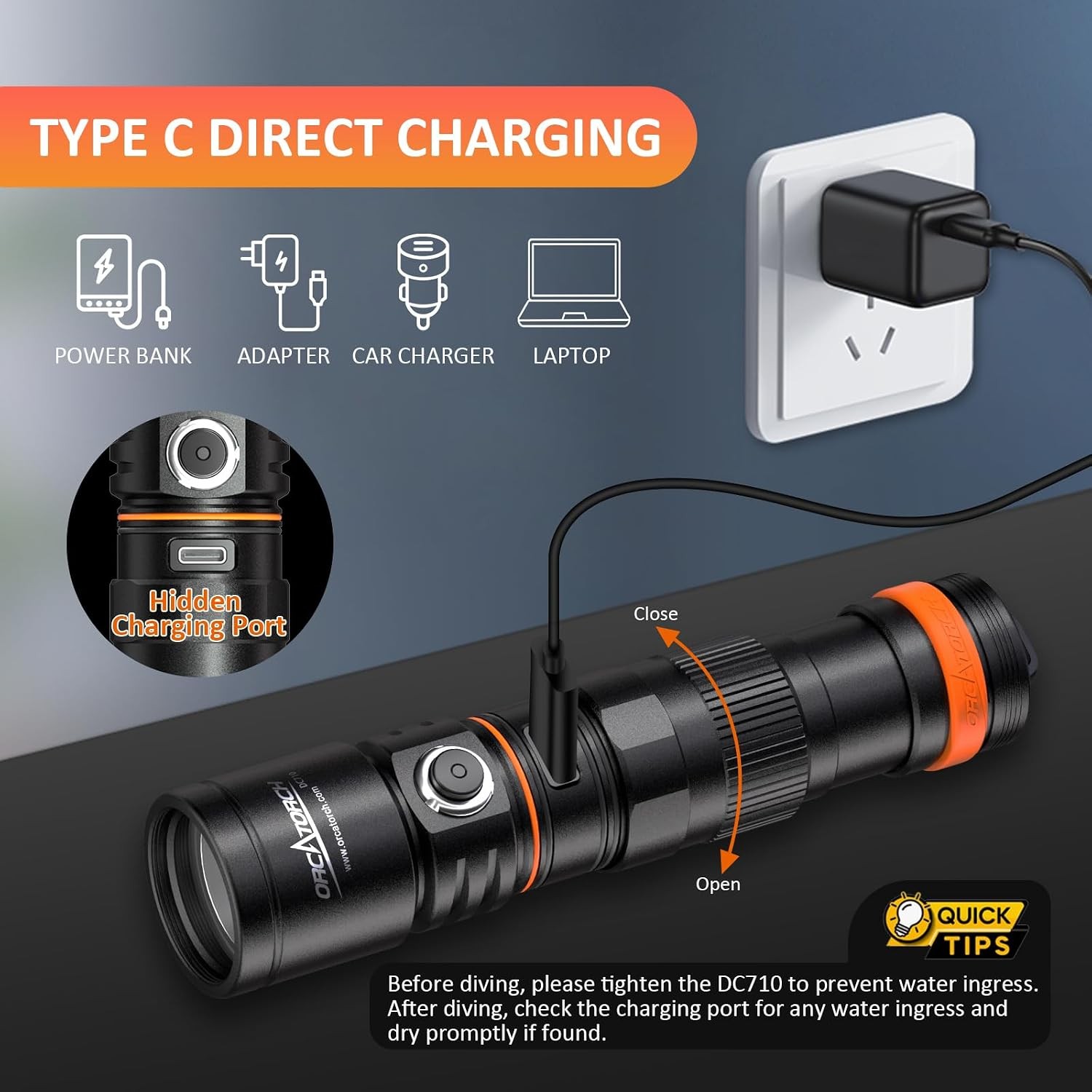ORCATORCH DC710 Scuba Dive Light 3000 Lumen Rechargeable Underwater