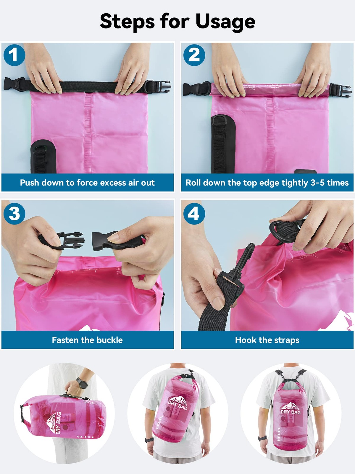 HEETA Dry Bag Waterproof for Women Men, Roll Top Lightweight 5L, Rose Red