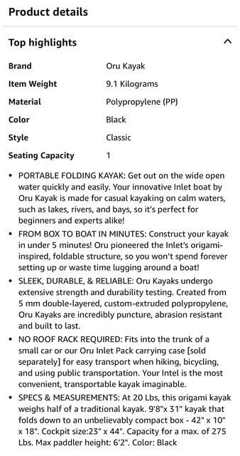 Oru Kayak Lake foldable – 9′ long
