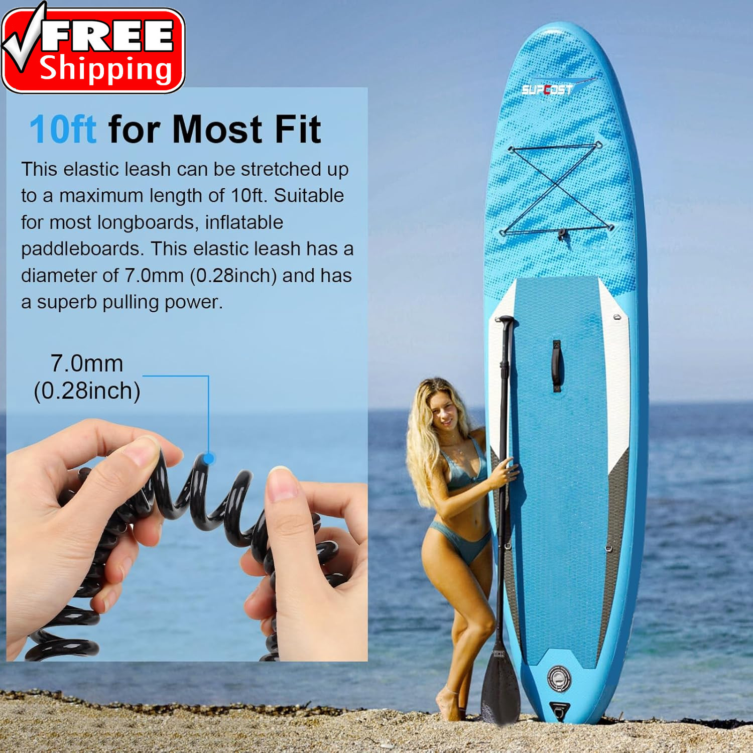 10 Ft Surf Board Leash, 5.5Mm/7.0Mm Thick Urethane Coiled Paddle Board Leash. Co