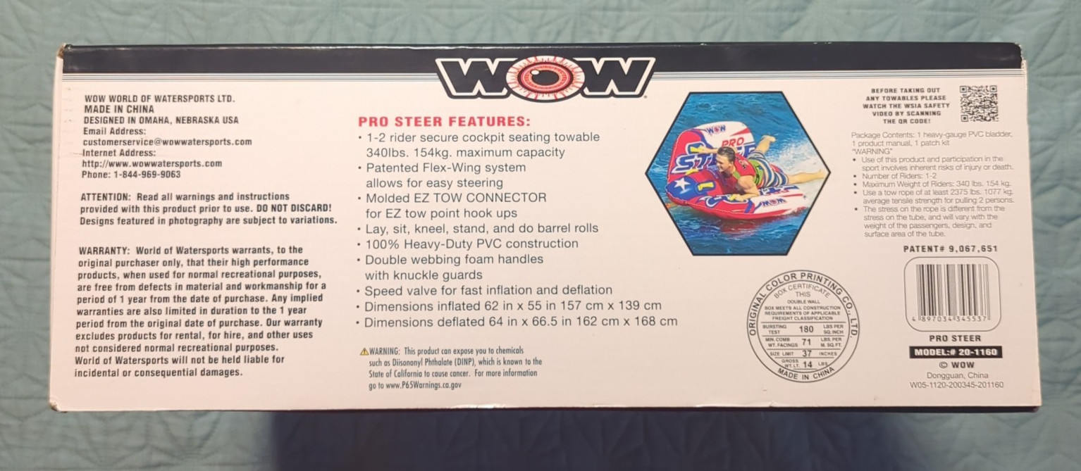 WOW Water Sports Pro Steer Flex Wing Inflatable Towable Tube 1-2 Riders NIB