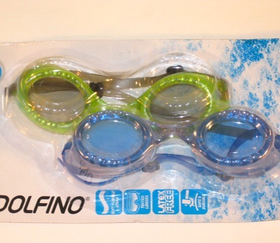 CHILD SWIM GOGGLES Dolfino 2 Pack Blue Green Tinted Lens Latex Free NEW SEALED