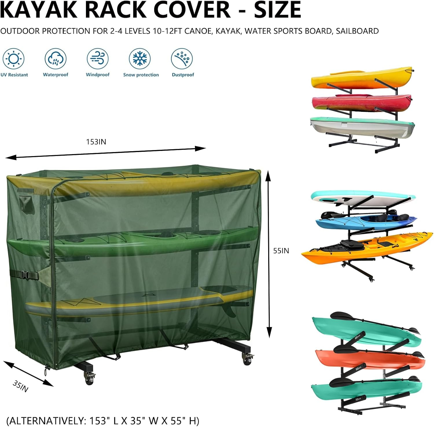 Heavy Duty Kayak Rack Cover 12.7Ft – Waterproof Dustproof UV Protective