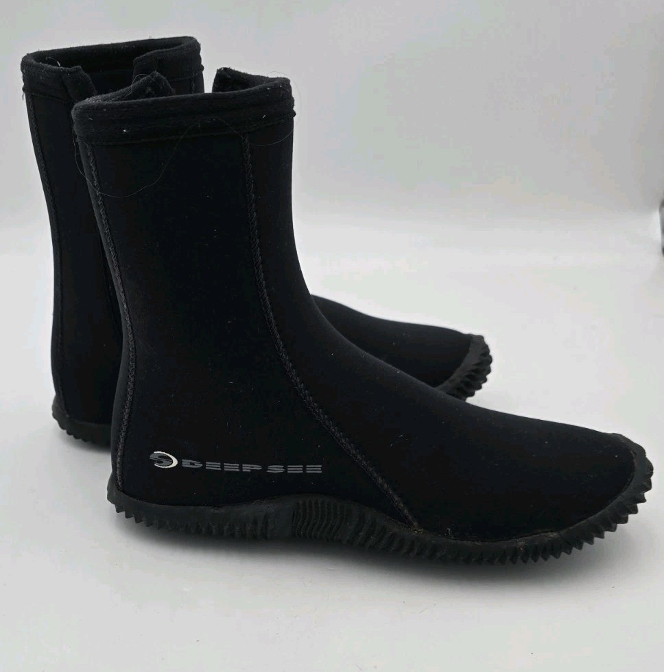 Deep See Neoprene Dive Boots Mens Size 8 Black Scuba Snorkeling Side Zip Wetsuit