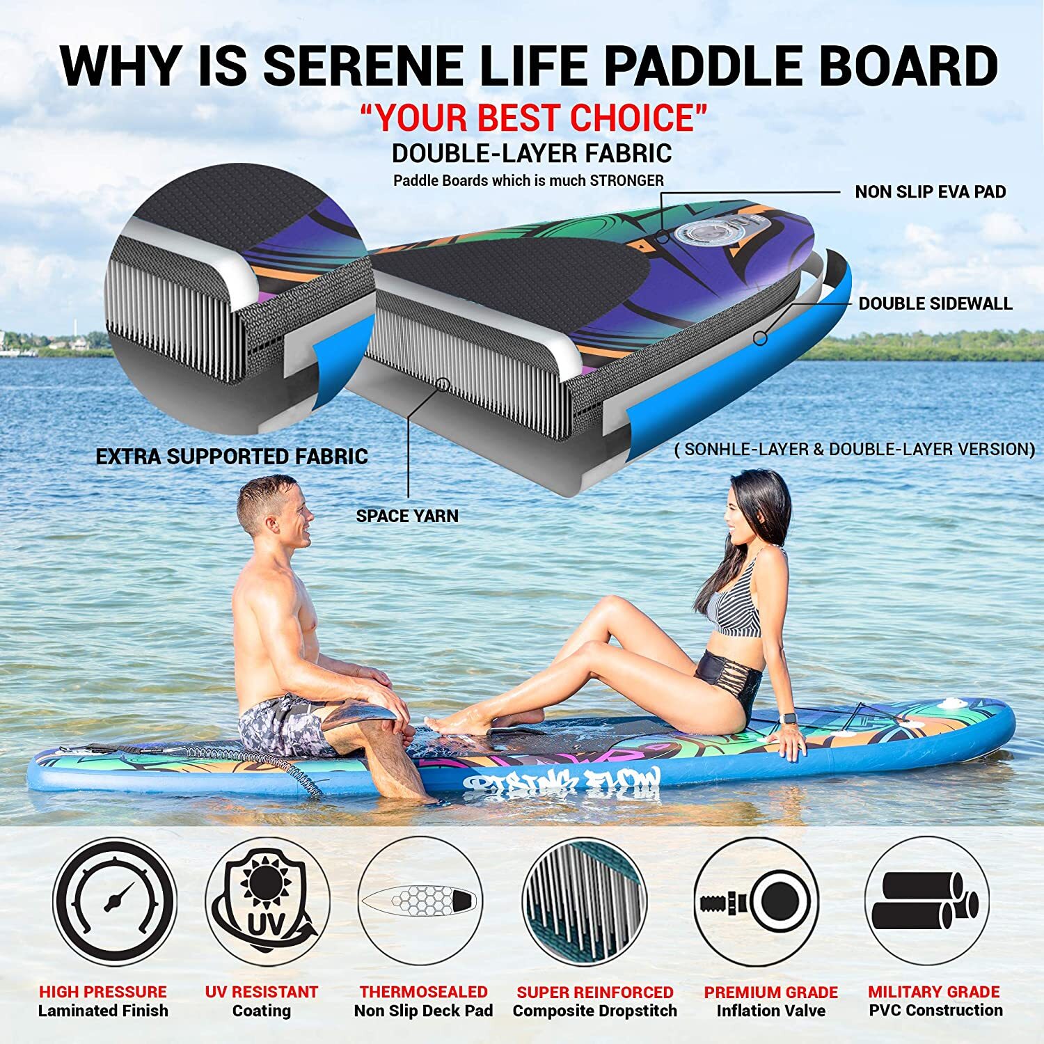 SereneLife Inflatable Stand Up Paddle Board Surf Paddling Wide Stance 6″ Thick