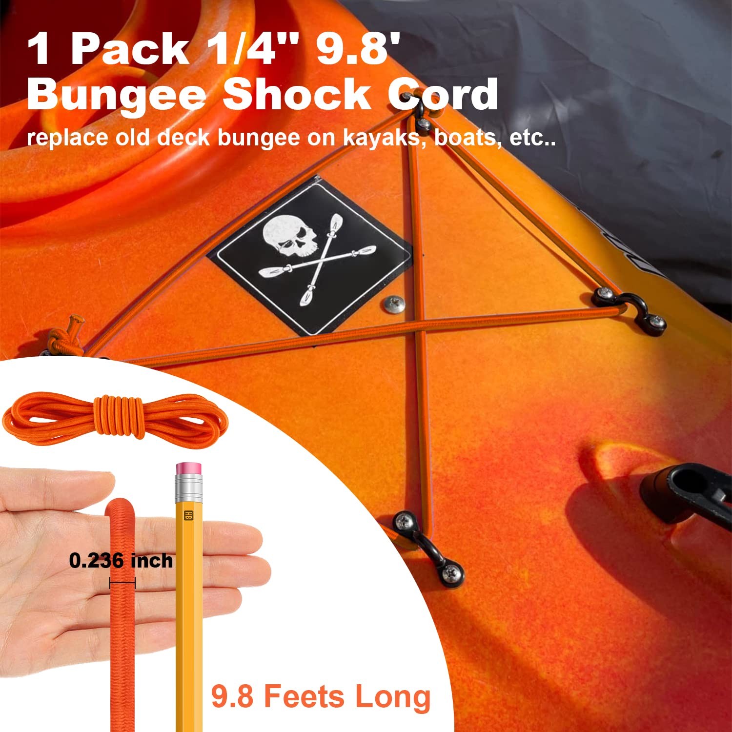 Kayak Deck Rigging Kit 1/4 Inch 9.8 Ft Bungee Cord D Rings Hooks Orange
