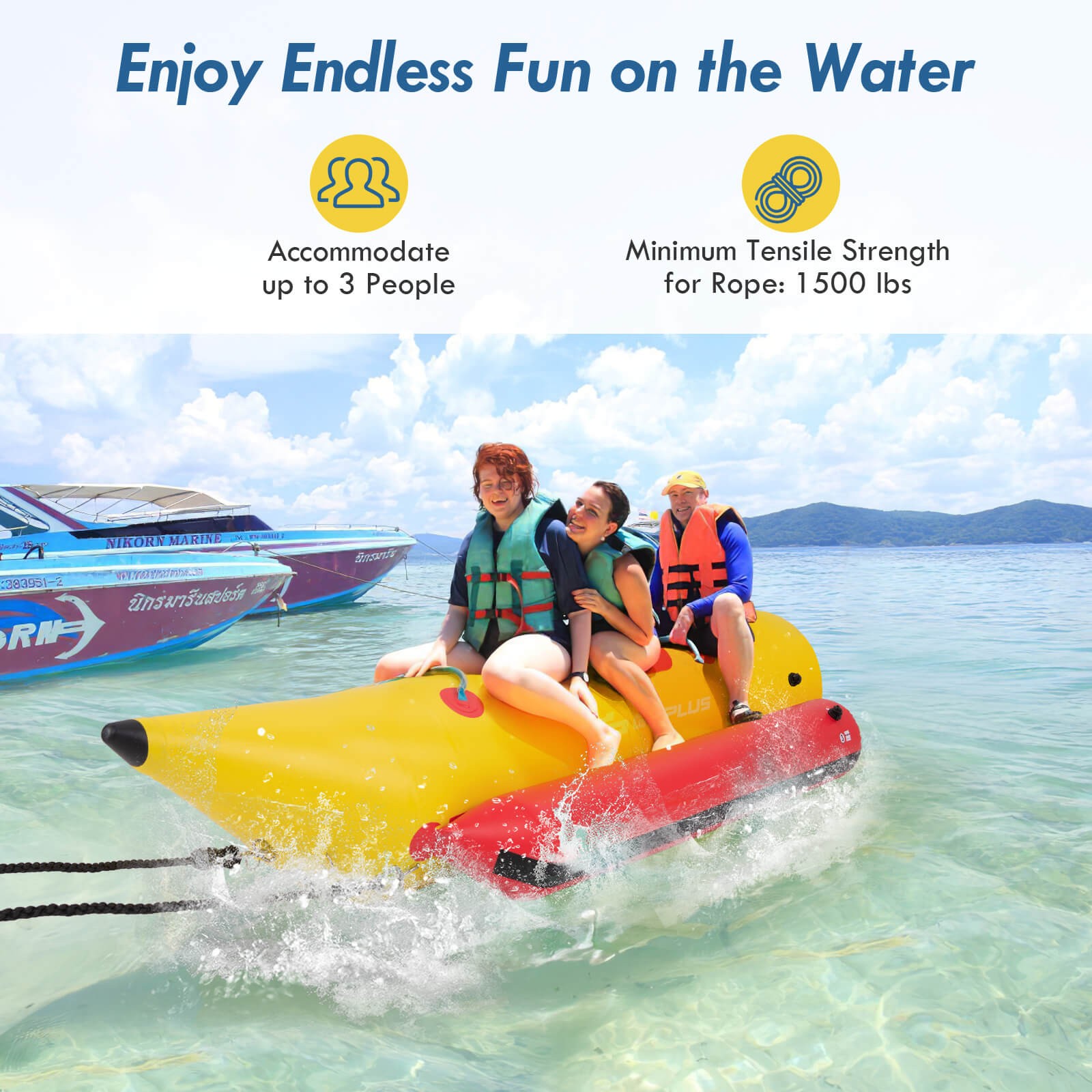 3-Person Inflatable Banana Boat w/ Boating and Water Sports Electric Air Pump